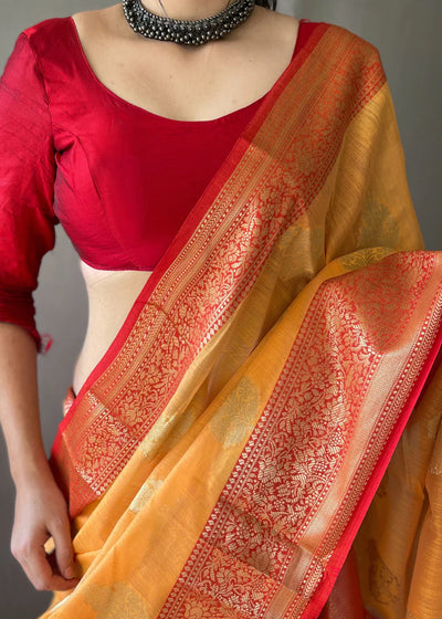 GOLDEN YELLOW Linen  Banarasi Silk Saree