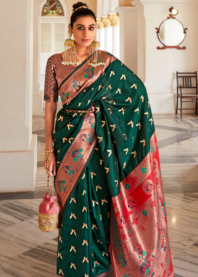 Green Woven Paithani Silk Saree With Brocade Blouse