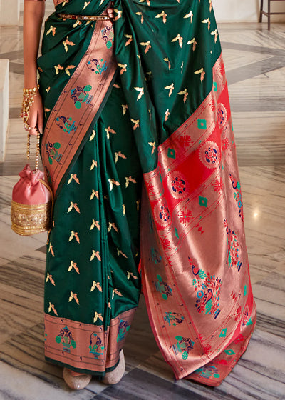 Green Woven Paithani Silk Saree With Brocade Blouse