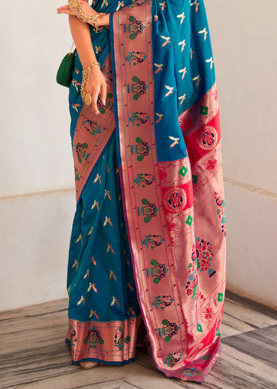 Blue Woven Paithani Silk Saree With Brocade Blouse