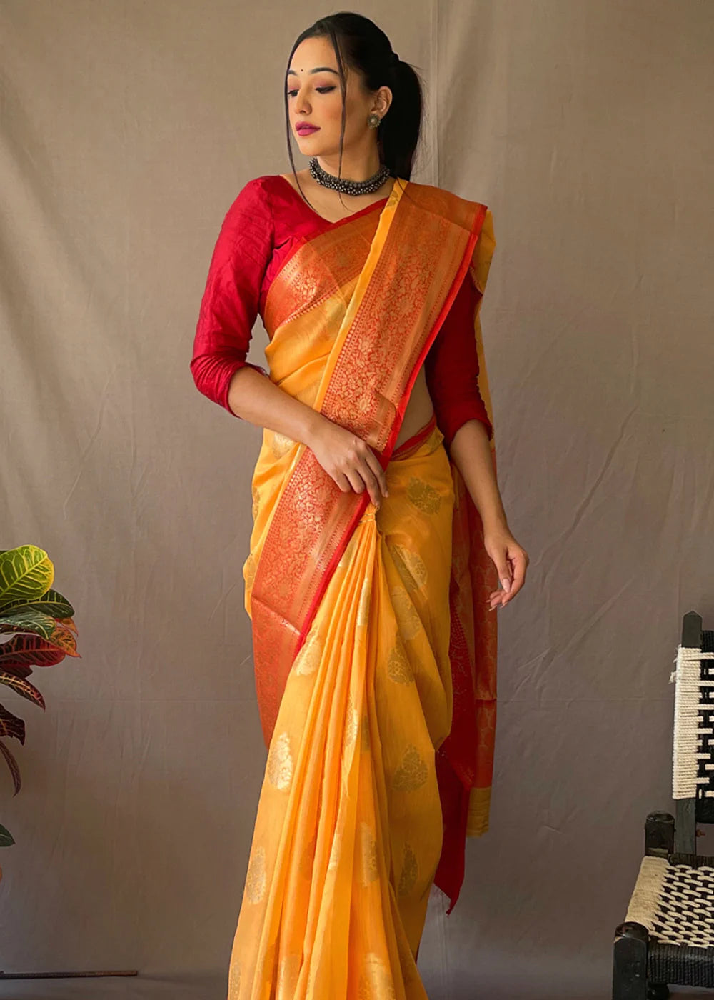 GOLDEN YELLOW Linen  Banarasi Silk Saree
