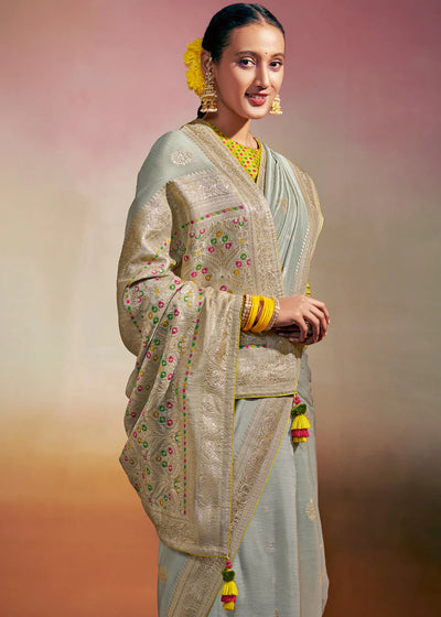 CORAL BLUE Woven Soft Silk Banarasi Saree With Minakari Pallu & Fancy Blouse