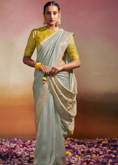 CORAL BLUE Woven Soft Silk Banarasi Saree With Minakari Pallu & Fancy Blouse