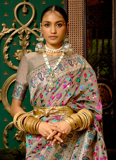 Vibrant Green Color Woven Enhanced KASHMIRI Wedding Saree