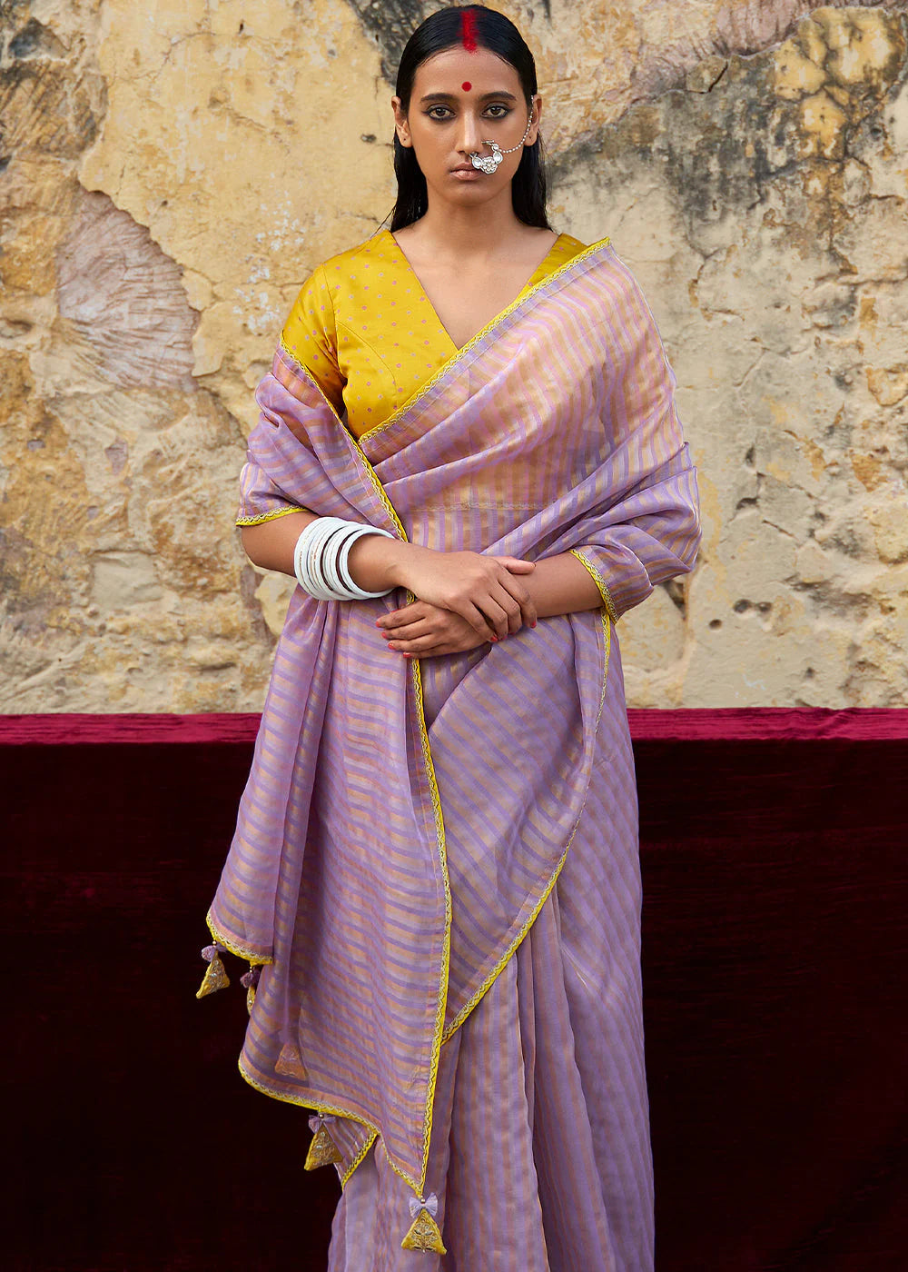 Breezy Lavender ZARI WEAVING ORGANZA SAREE WITH EMBROIDERED BLOUSE
