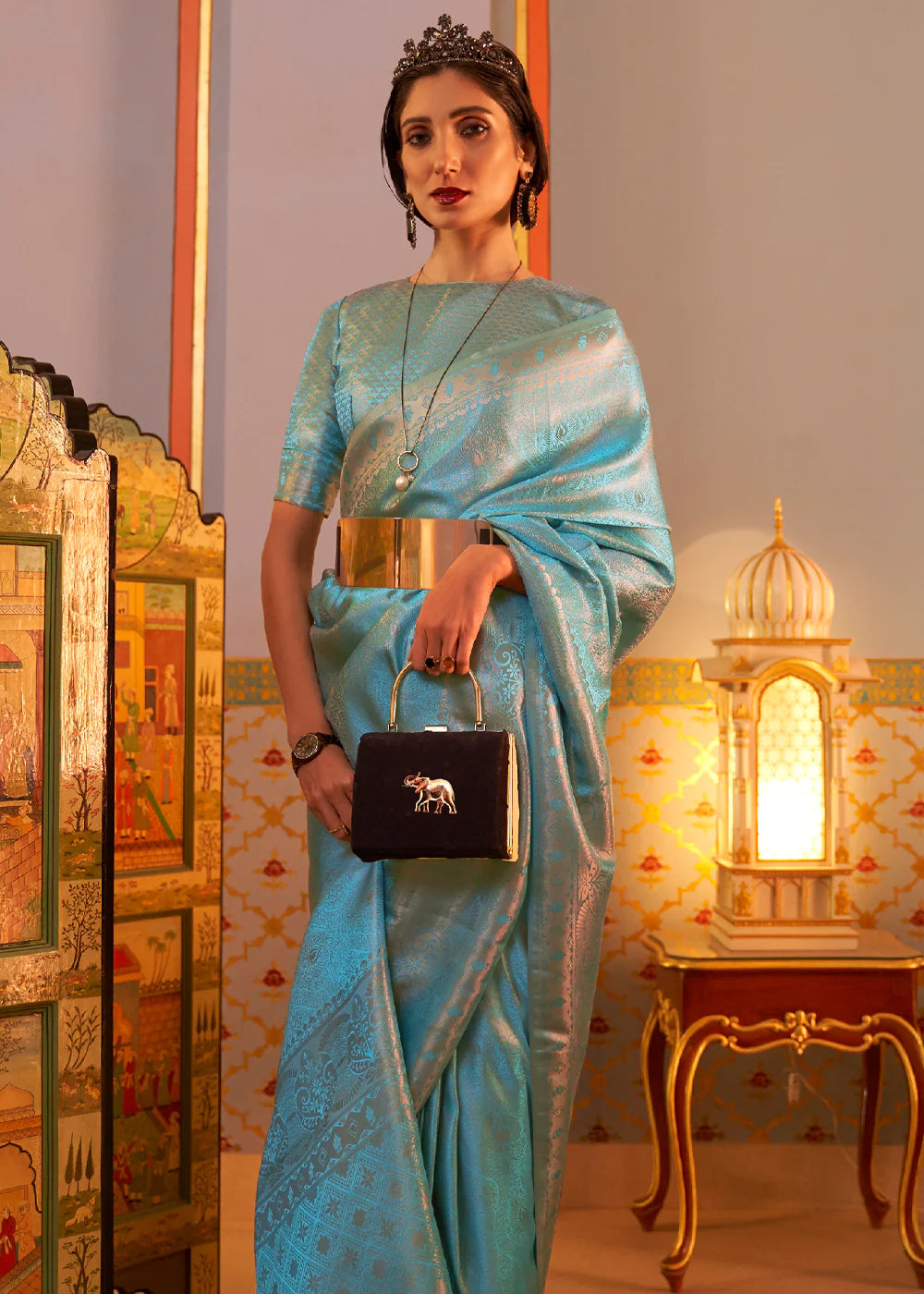 AZURE BLUE Kanjivaram SATIN Silk Saree
