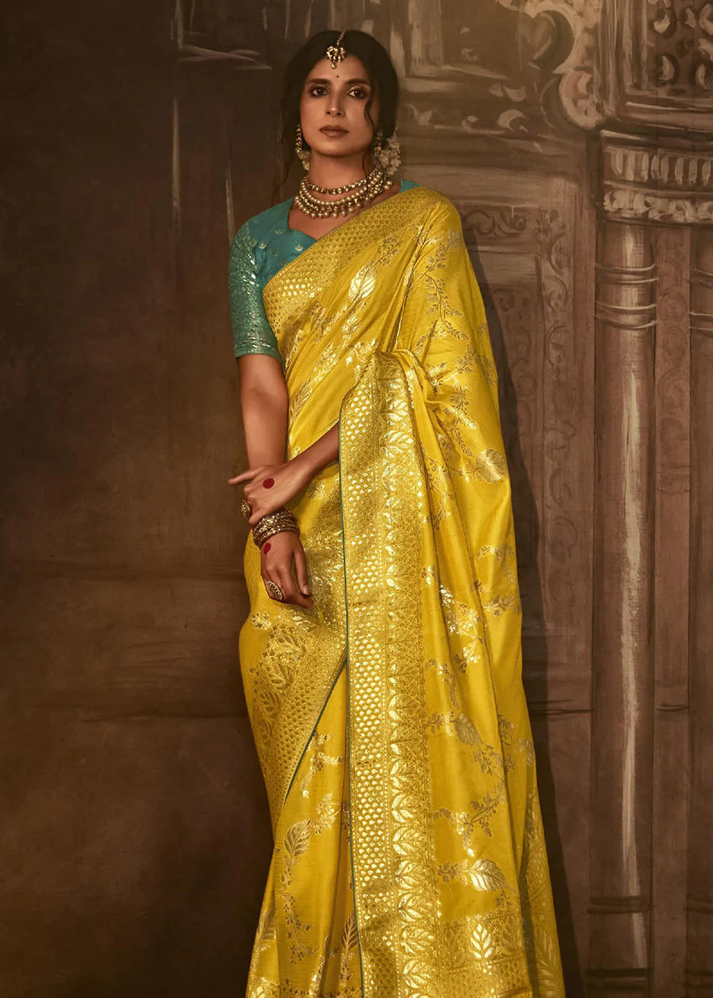 AUREOLIN YELLOW Pure Soft Dola Silk Banarasi Saree Weaving work With Designer Blouse
