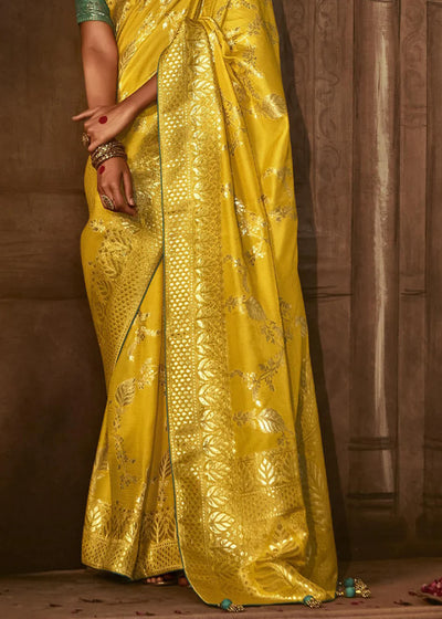 AUREOLIN YELLOW Pure Soft Dola Silk Banarasi Saree Weaving work With Designer Blouse