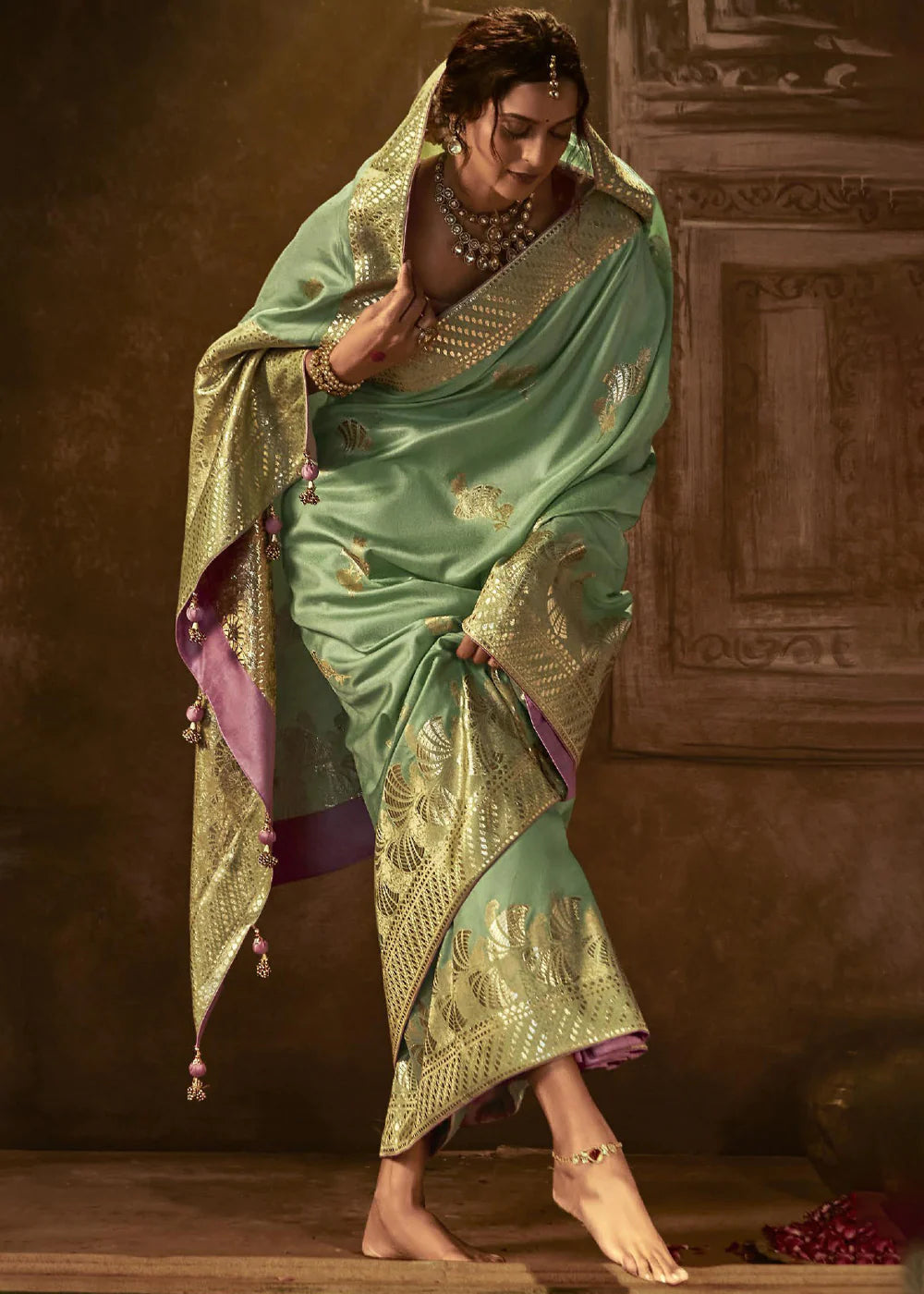Bronze Green Pure Soft Dola Silk Banarasi Saree Weaving work With Designer Blouse