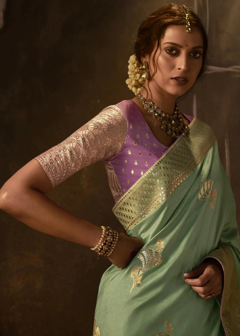 Bronze Green Pure Soft Dola Silk Banarasi Saree Weaving work With Designer Blouse