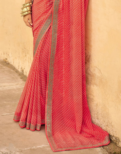 PEACH Bandhani Saree With Embroidery Work Blouse