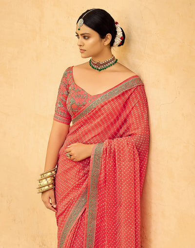 PEACH Bandhani Saree With Embroidery Work Blouse