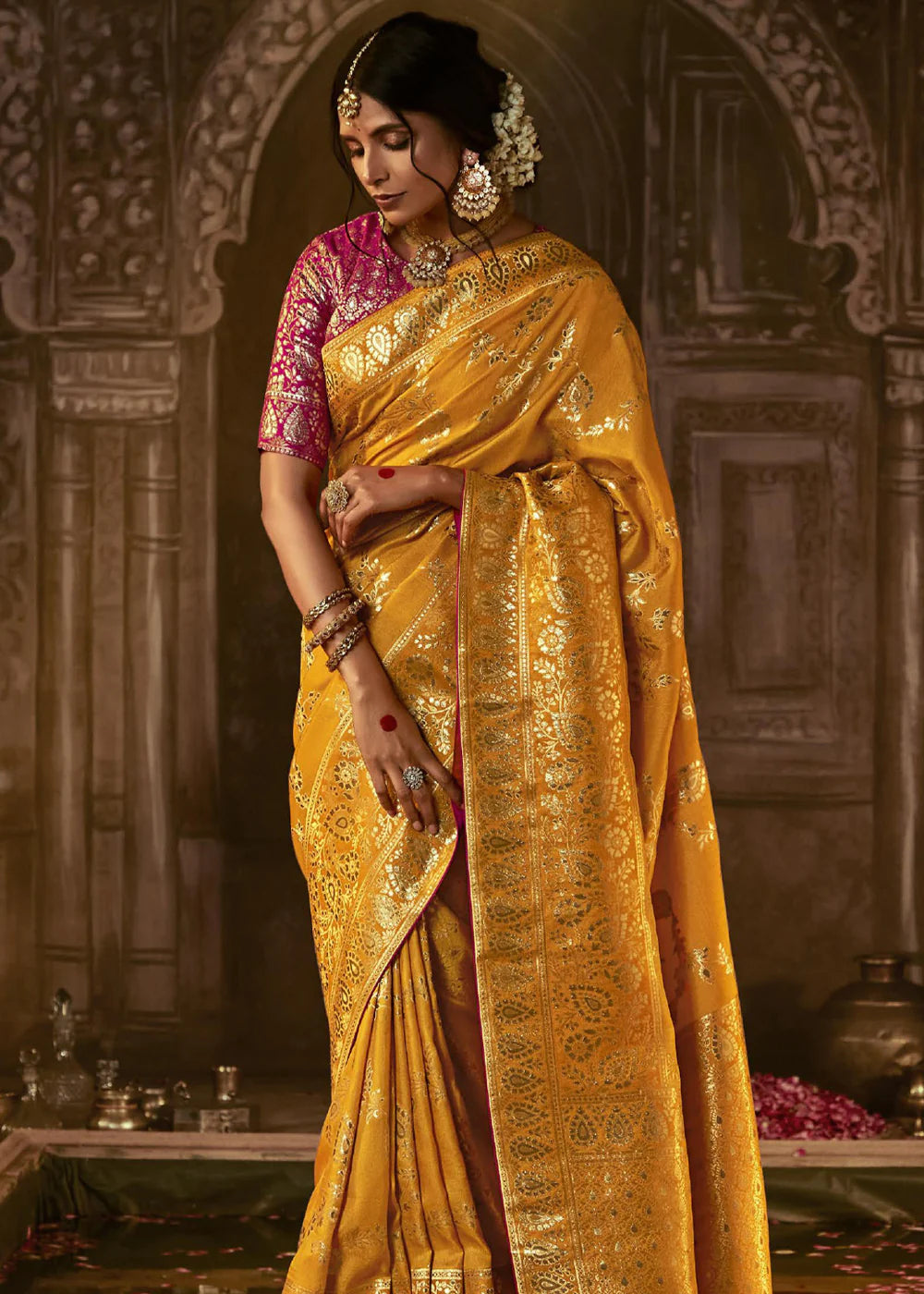 Blazing Orange Pure Soft Dola Silk Banarasi Saree Weaving work With Designer Blouse