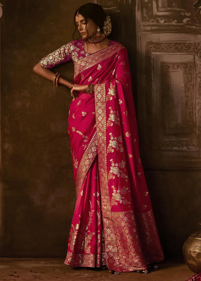 MAGENTA PINK Pure Soft Dola Silk Banarasi Saree Weaving work With Designer Blouse