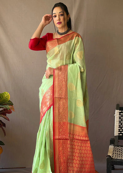 LIME GREEN Linen  Banarasi Silk Saree
