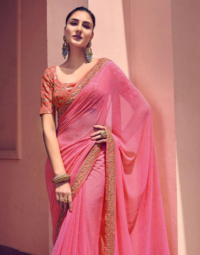 LIGHT PINK Georgette Saree WITH Embroidery Border