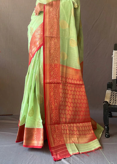 LIME GREEN Linen  Banarasi Silk Saree