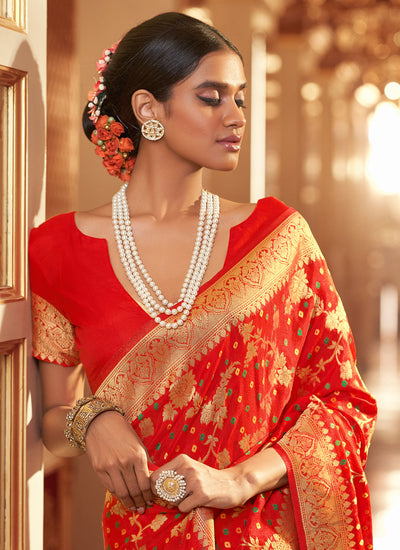 Fabulous Red Color Silk Saree For Wedding Party