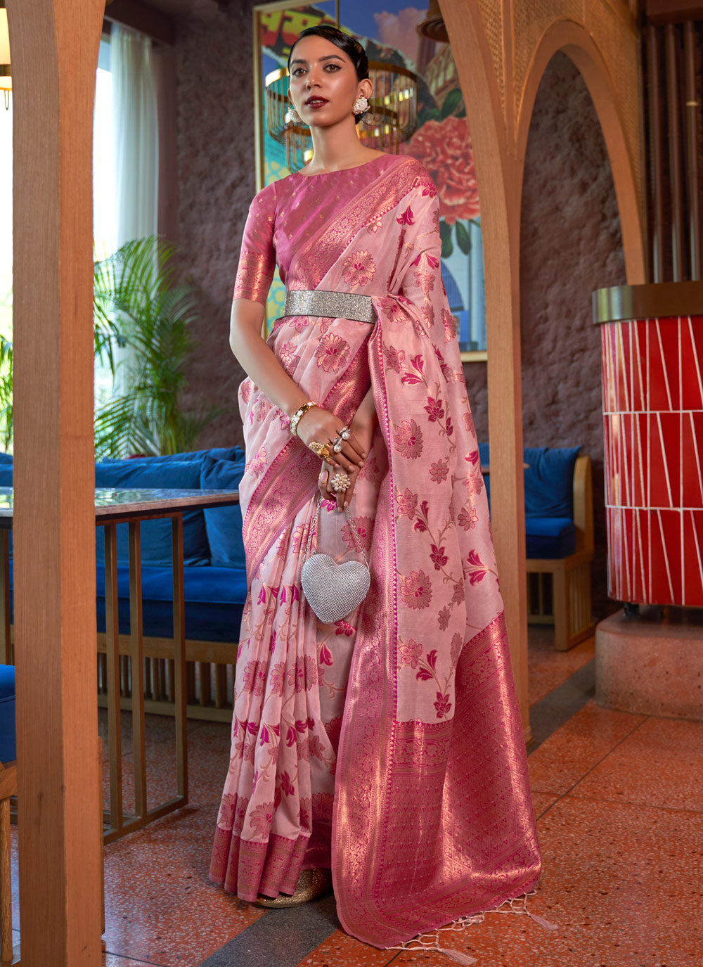 Exquisite Pink Color Organza Trendy Classic Saree