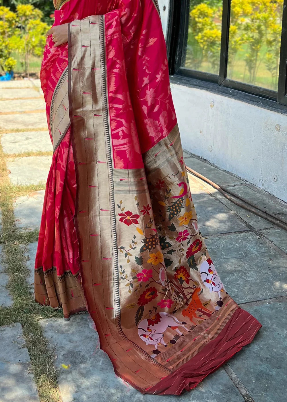 ROSE PINK Woven Paithani Silk Saree