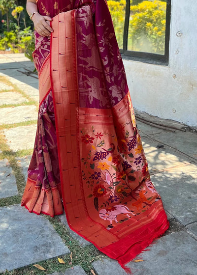 DARK WAINE Woven Paithani Silk Saree