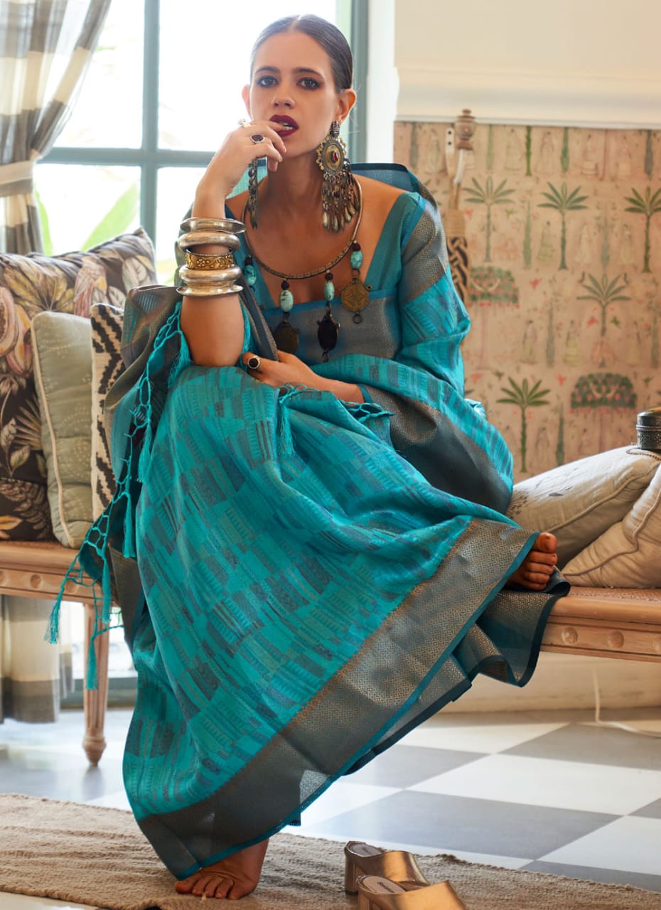 Lovely Aqua Blue Color Kalki Koechlin Designer Contemporary Style Saree