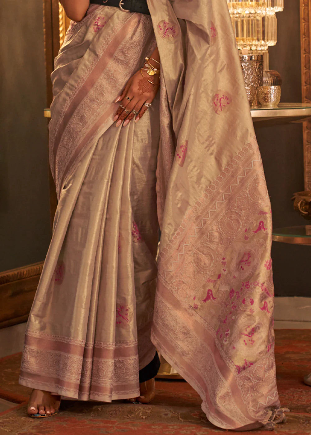 ROSE Pink Dual Tone Woven Handloom Weaving Kanjivaram Silk Saree