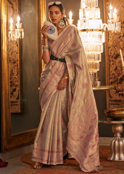 ROSE Pink Dual Tone Woven Handloom Weaving Kanjivaram Silk Saree