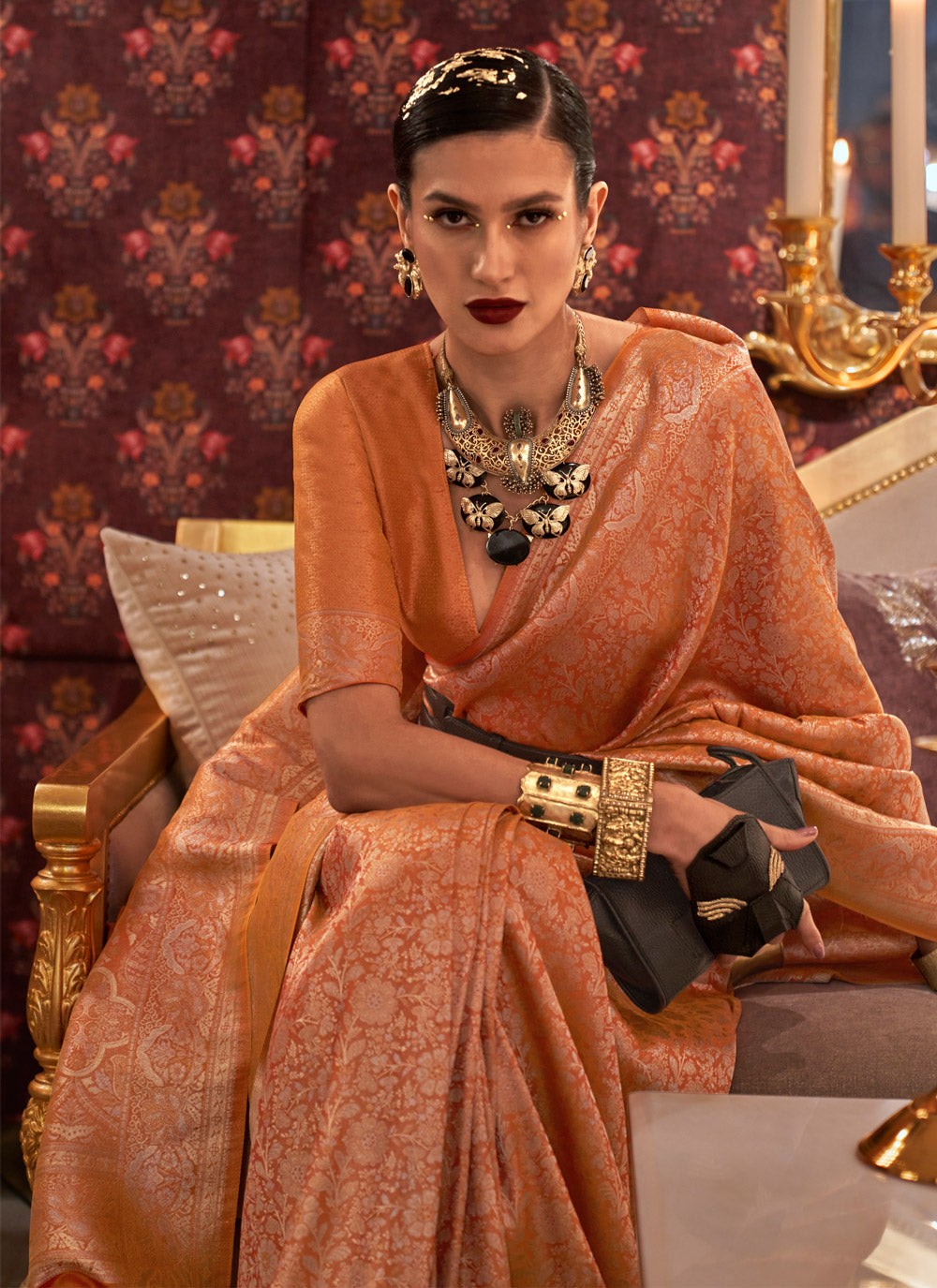 Lovely Orange Color Party Wear Classic Saree