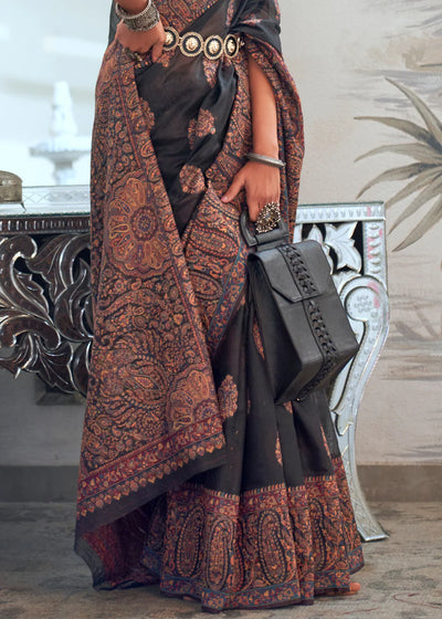 black brown Woven Kashmiri Jamewar Silk Saree