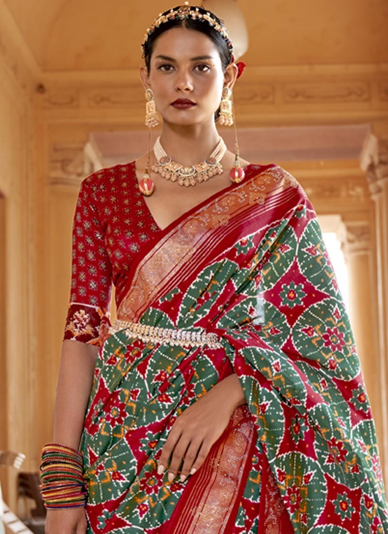 Glamorous Green And Red Color Saree For Party