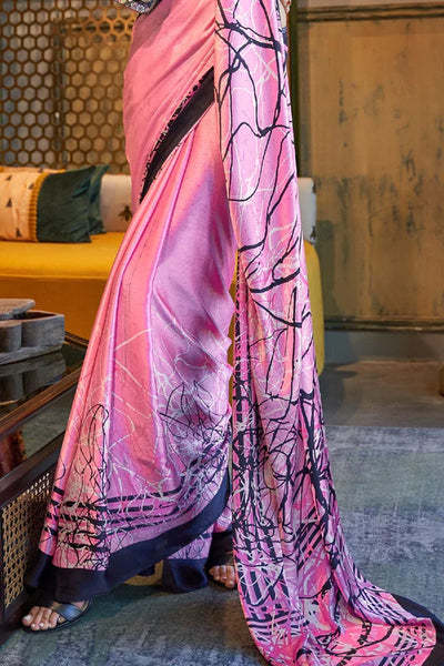 Blushing Rose Pink Satin Silk Printed Saree