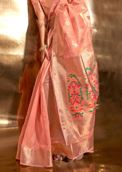 Peach Zari Woven Tissue Silk Saree with Paithani Pallu
