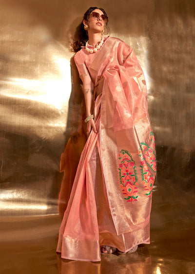 Peach Zari Woven Tissue Silk Saree with Paithani Pallu