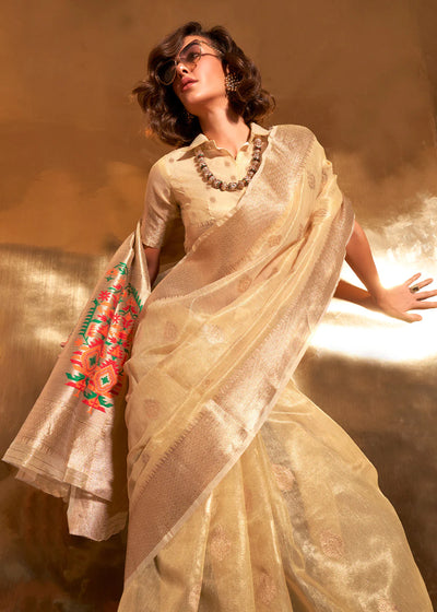 YELLOW Zari Woven Tissue Silk Saree with Paithani Pallu