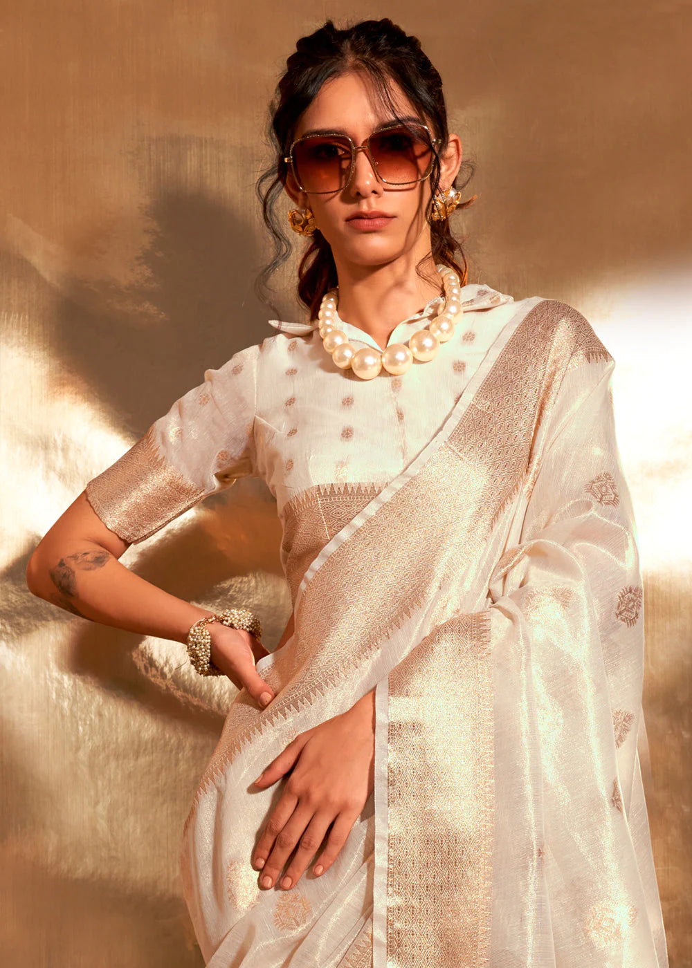 WHITE Zari Woven Tissue Silk Saree with Paithani Pallu