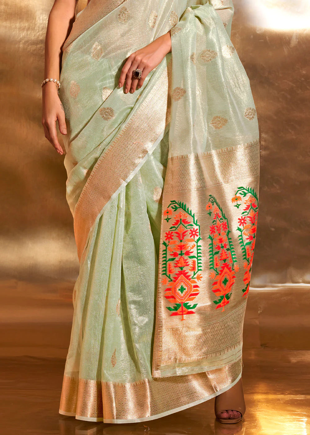 GREEN Zari Woven Tissue Silk Saree with Paithani Pallu