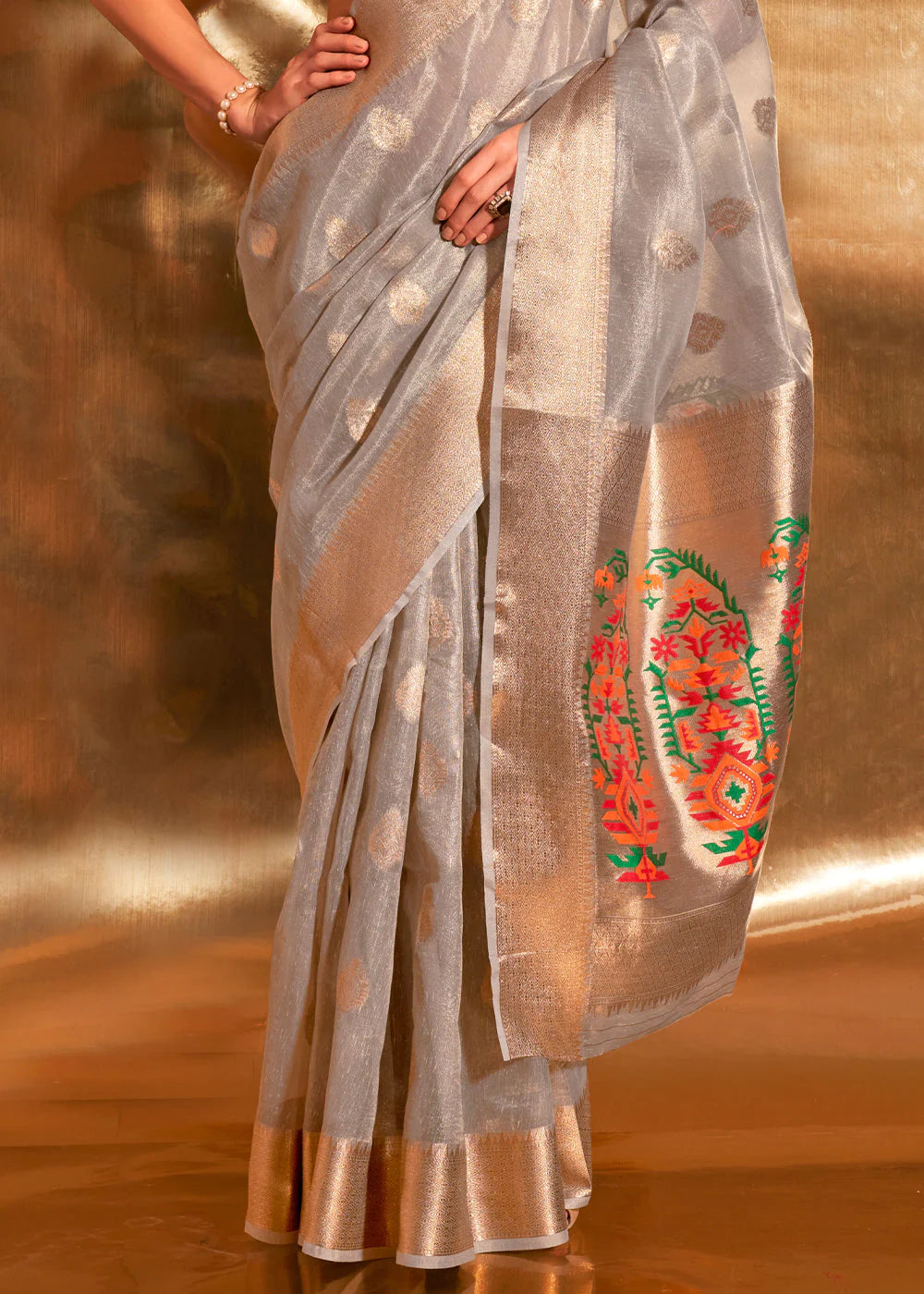 Coin Grey Zari Woven Tissue Silk Saree with Paithani Pallu