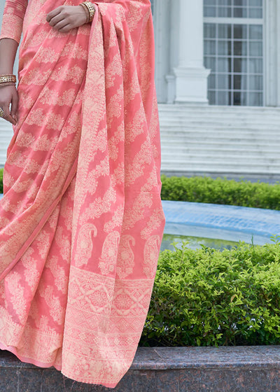 Blossoming Charm Pink Lucknowi Chikankari Cotton Saree
