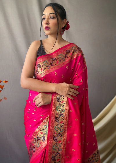 CORAL Pink Woven Paithani Silk Saree