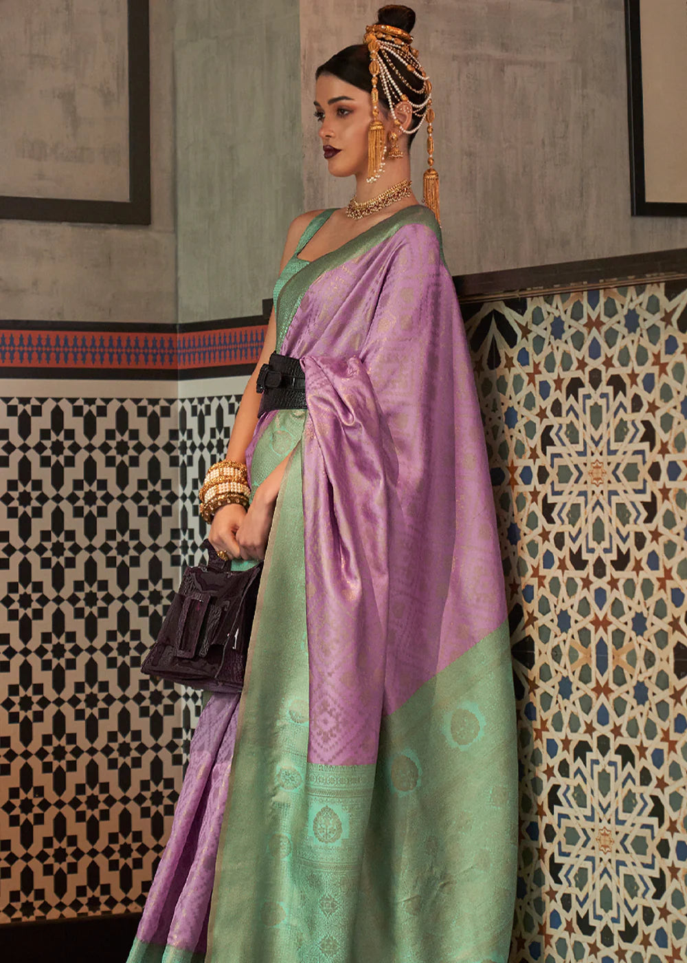 Purple And Green zari woven Kanjivaram silk saree