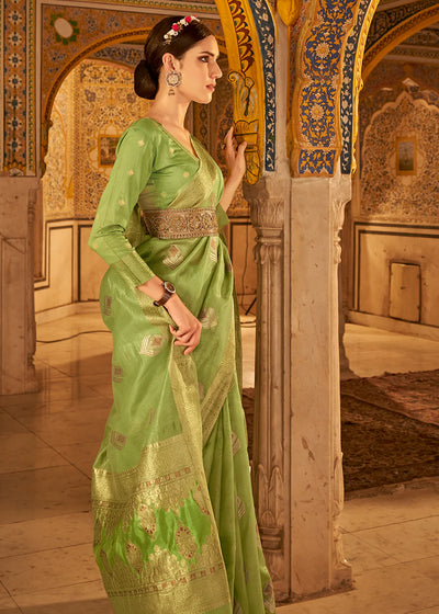 MOSS GREEN Banarasi Tissue Silk Saree
