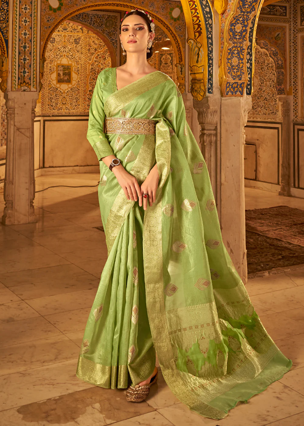 MOSS GREEN Banarasi Tissue Silk Saree