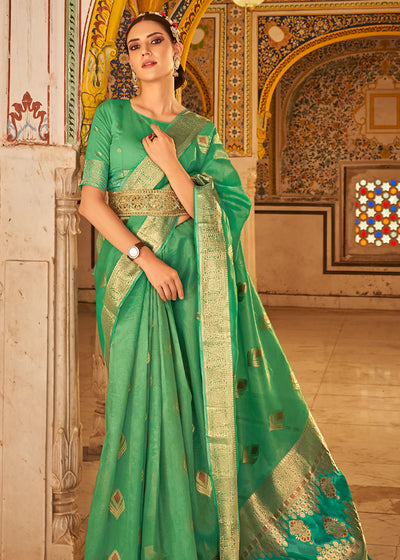 SLMIY GREEN Banarasi Tissue Silk Saree