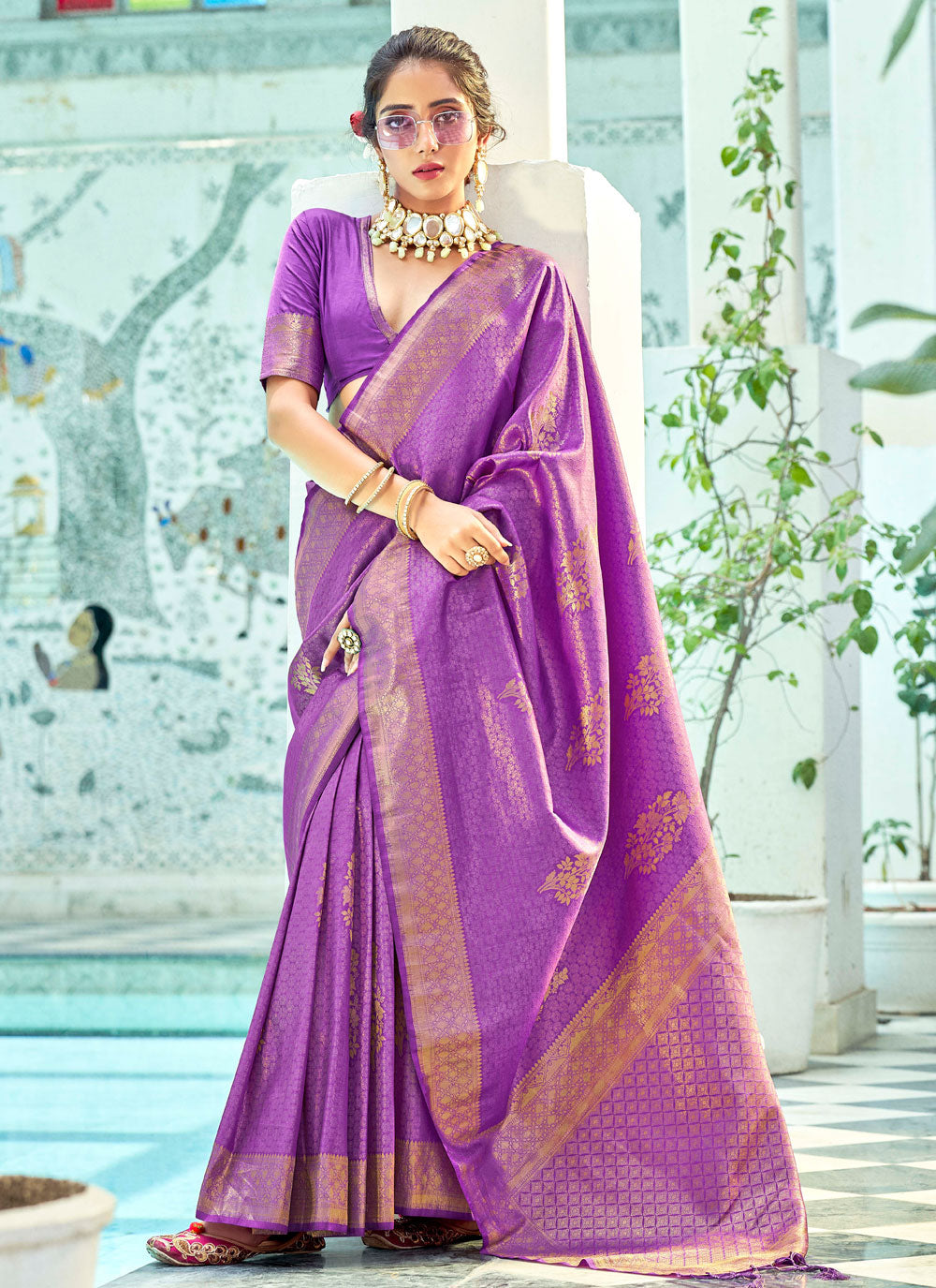 Fancy Violet Color Woven Enhanced Party Wear Saree