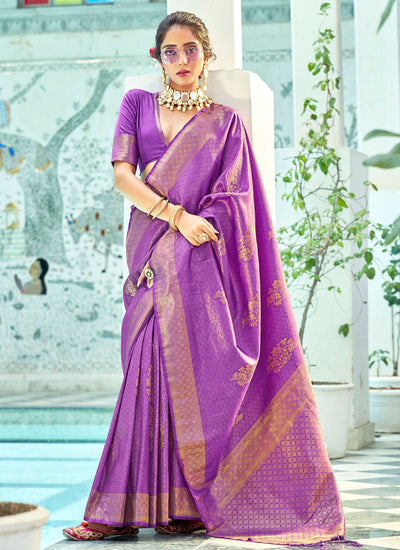 Fancy Violet Color Woven Enhanced Party Wear Saree