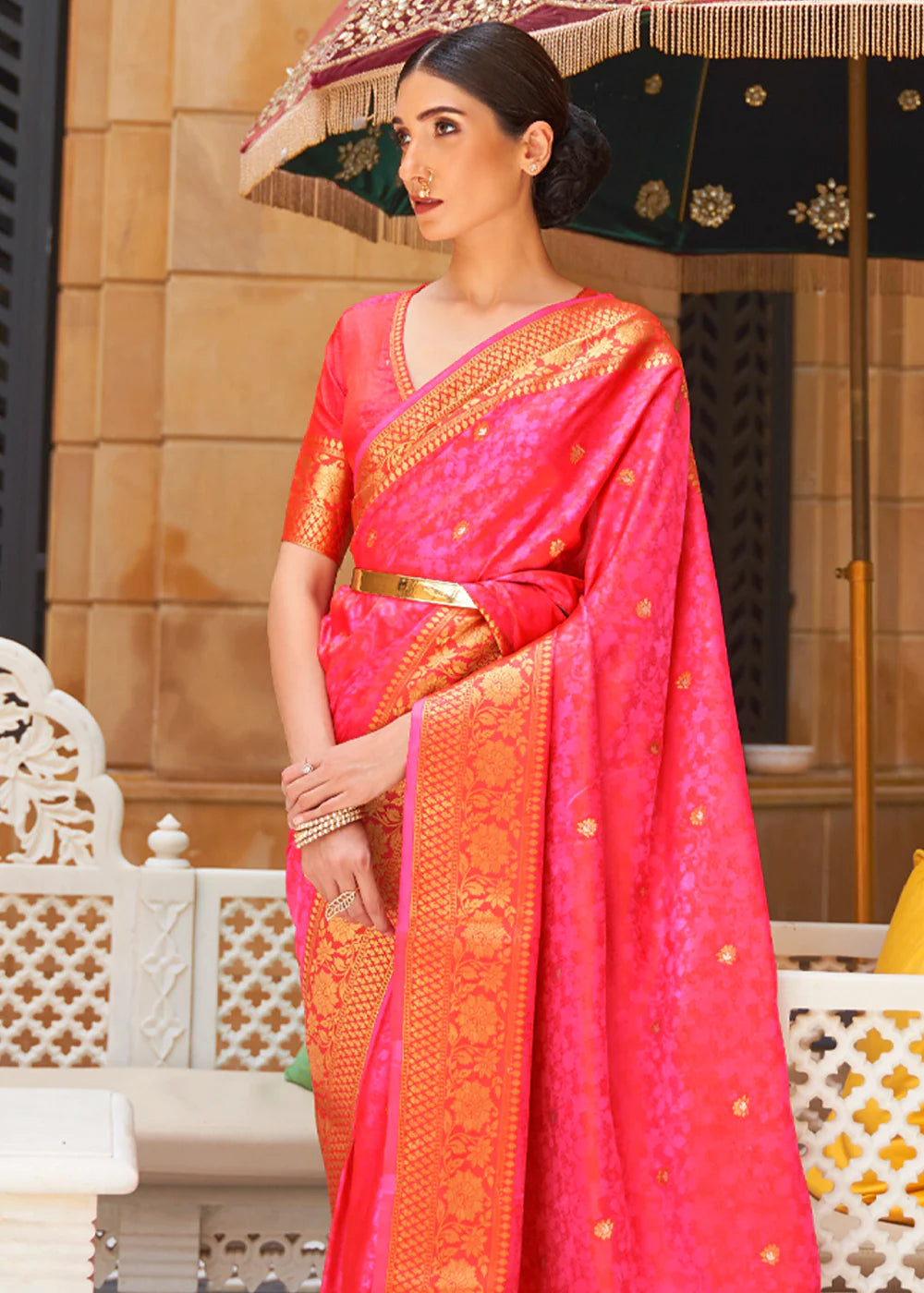 Blossoming Berry Pink and Gold Woven Kanjivaram Saree