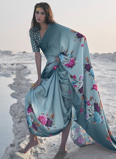Exceptional Teal Color Satin Trendy Classic Saree