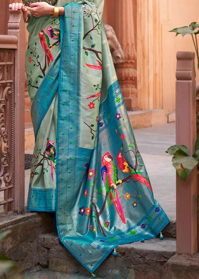 Firozi Blue Woven Paithani Silk Saree