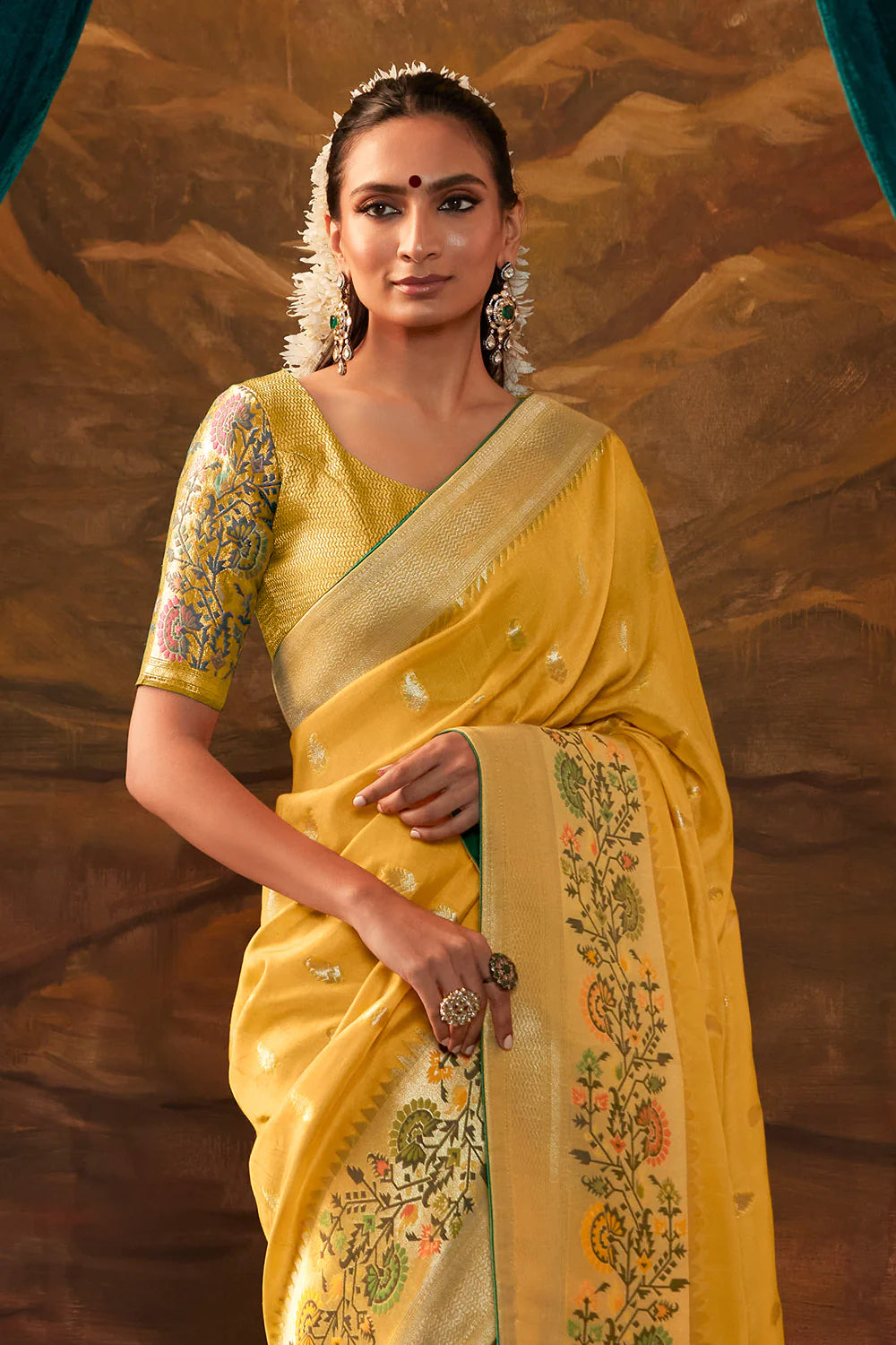 AUREOLIN YELLOW Woven Paithani Banarasi Soft Silk Saree